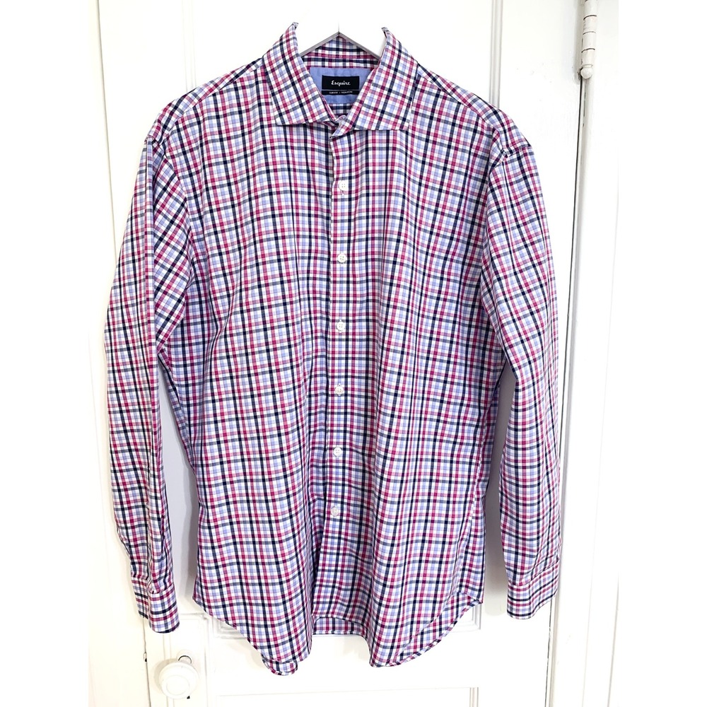 Esquire Mens Slim Fit Non Iron Plaid Dress Shirt 17.5 34/35 Blue Red Check